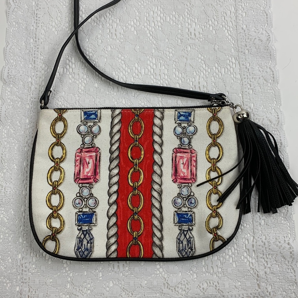 Brighton Canvas Crossbody Bag Zip close Tassel design pockets Creme Red